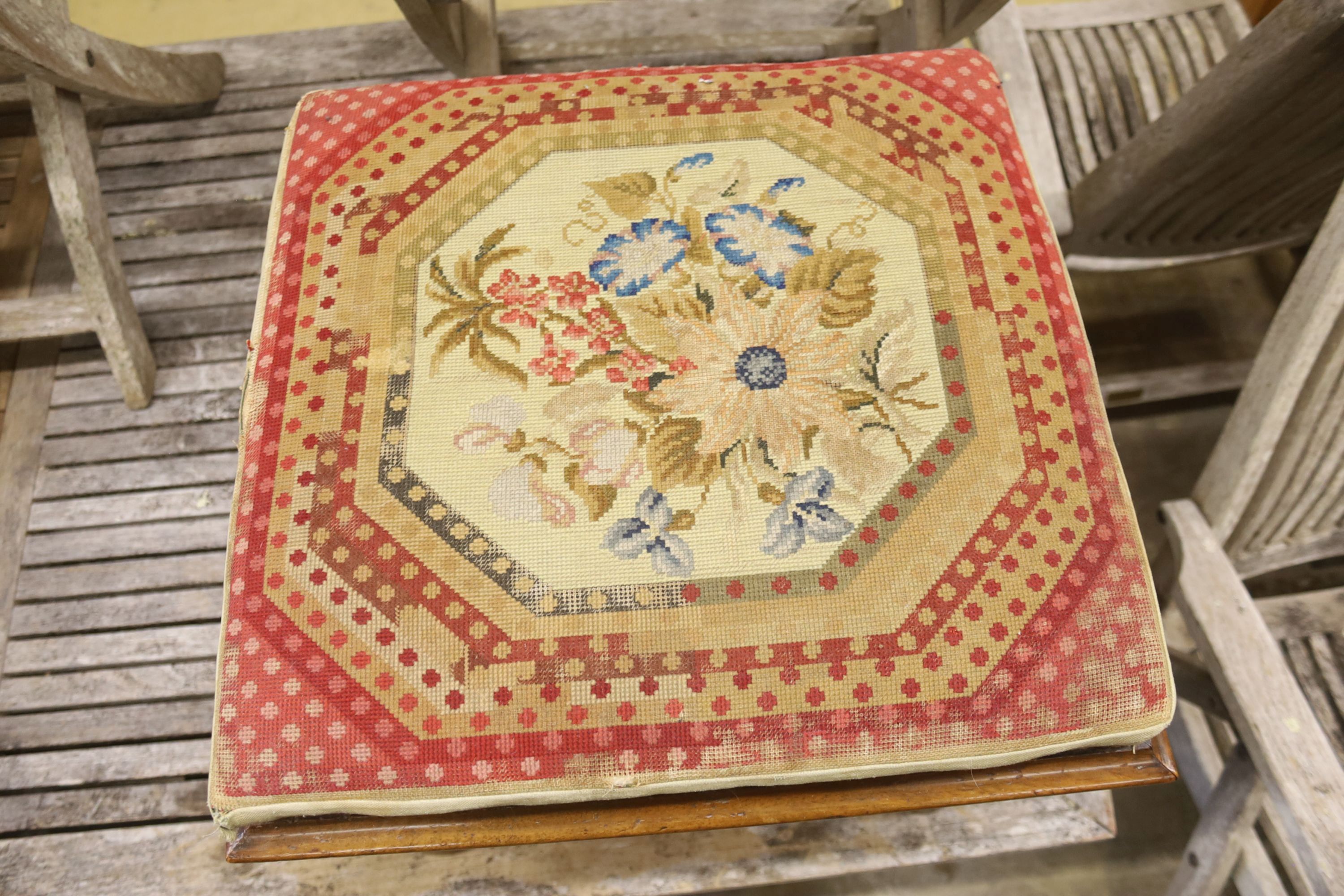 A Victorian mahogany needlepoint seat X frame stool, width 48cm, height 42cm